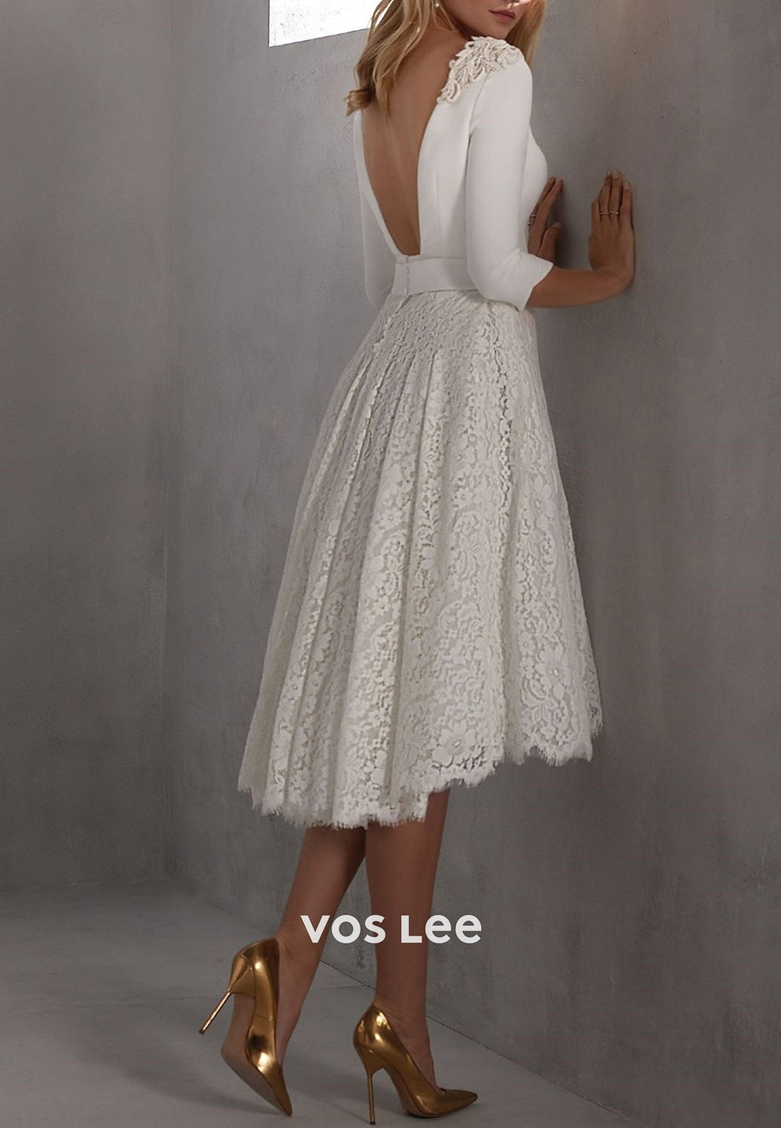 A-Line 3/4 Sleeve Plunging V-Neck Appliques Lace Tea-Length Beach Wedding Dresses