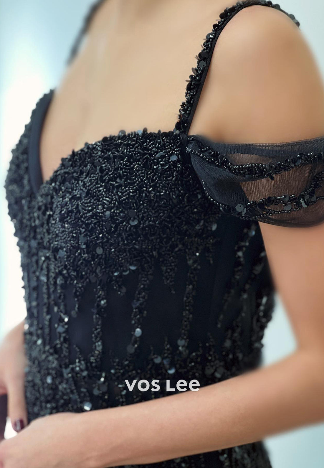 A-Line Short Sleeve Spaghetti Straps Fully Beaded Evening Dresses with Court Train
