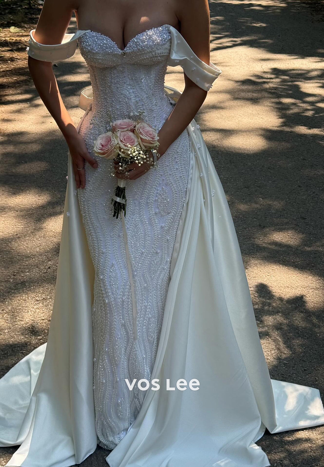 Off the Shoulder Beaded Mermaid Wedding Dresses with Bowknot