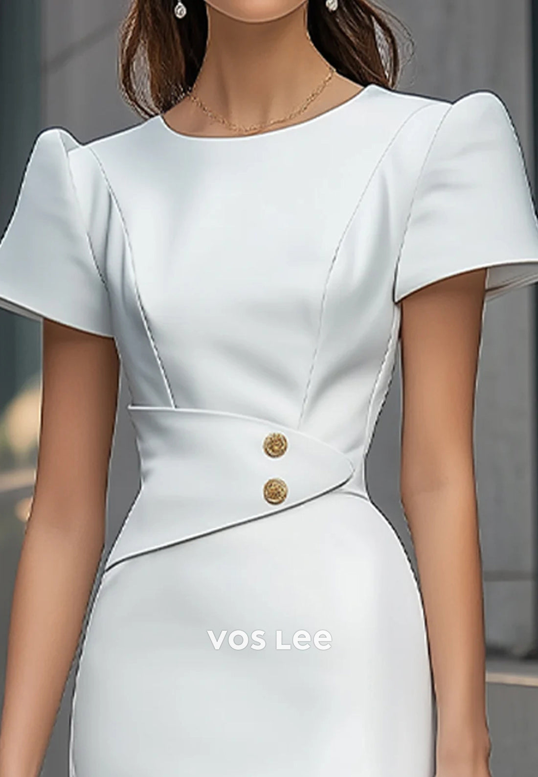 Simple & Casual Short Sleeve Scoop Tea-Length Ruched Mermaid Wedding Guest Dresses