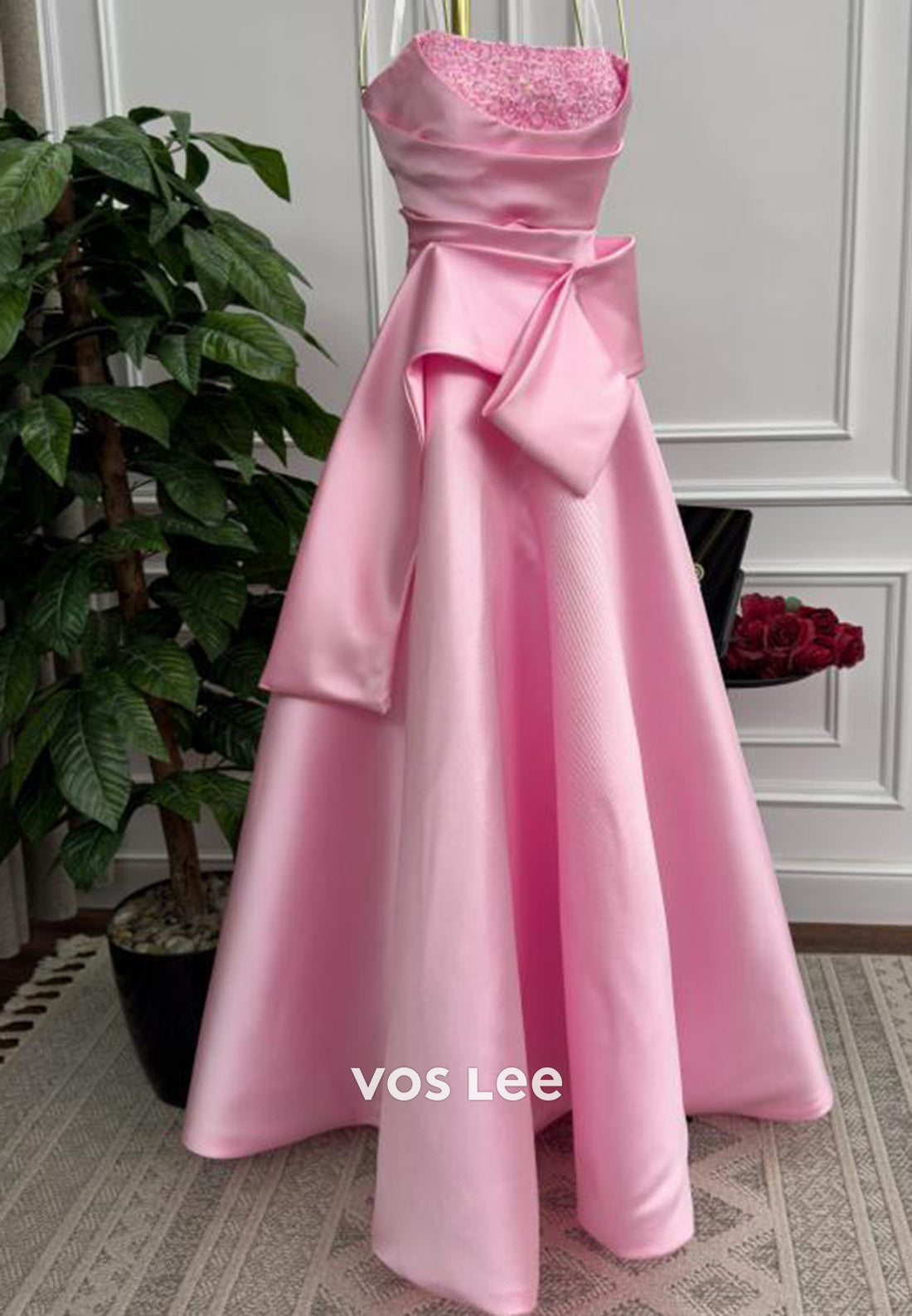 Glamorous A-Line Strapless Ruched Rhinestone Prom Dresses with Cathedral Train