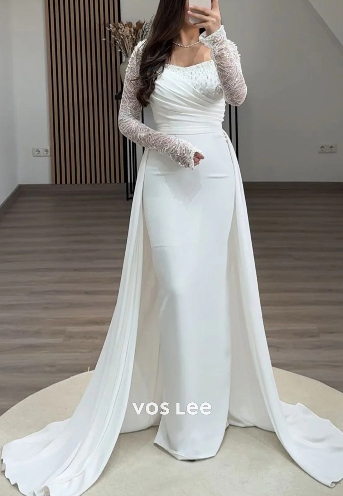 Long Sleeve Lace Rhinestone Square Pleated Mermaid Evening Dresses with Court Train