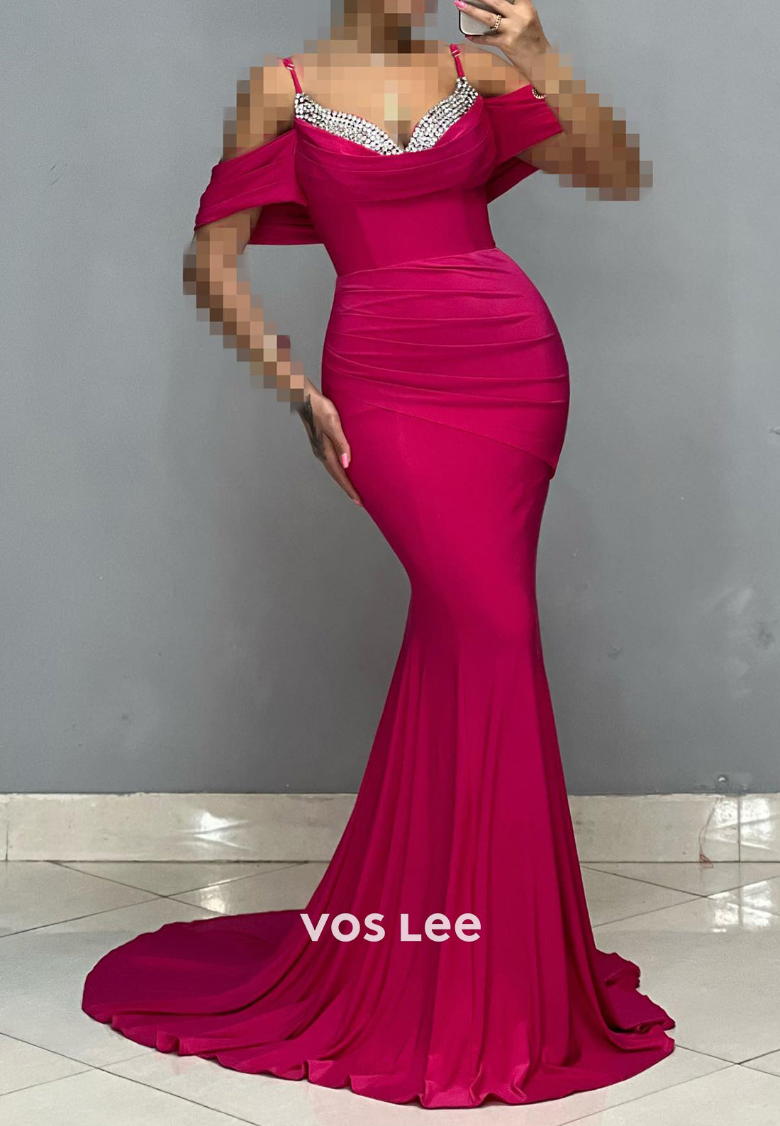 Off the Shoulder Spaghetti Straps Rhinestone Mermaid Evening Dresses with Sweep Train