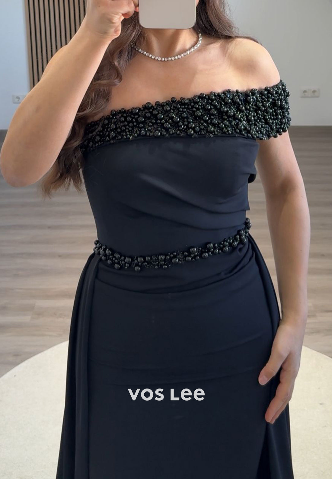 Dark Navy One Shoulder Beading Mermaid Evening Dresses with Court Train