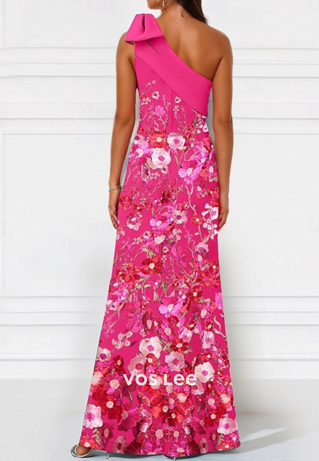 one Shoulder Bowknot Floor-Length Floral Embossed Pleated Sheath Mother of Bride Dresses