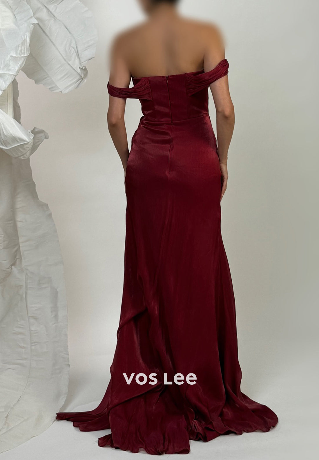 Burgundy Off the Shoulder Pleated Sheath Prom Dresses with Sweep Train