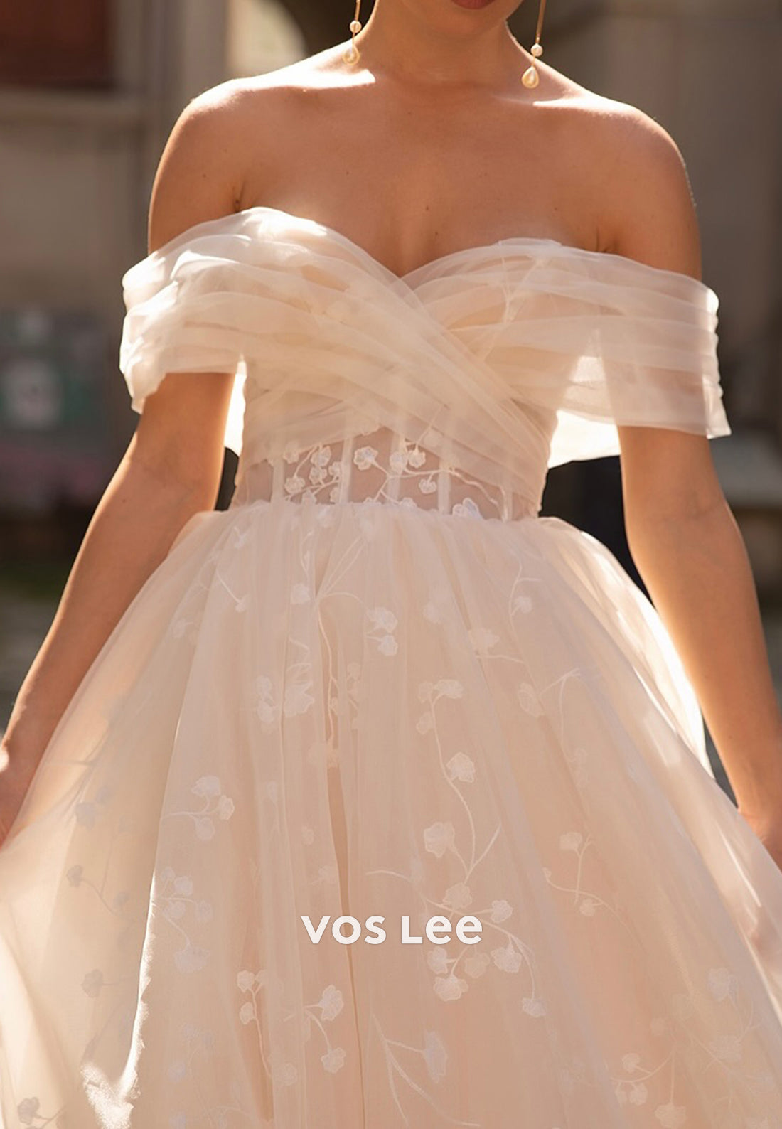 Long Sleeve Off the Shoulder Appliqued Wedding Dresses with Cathedral Train