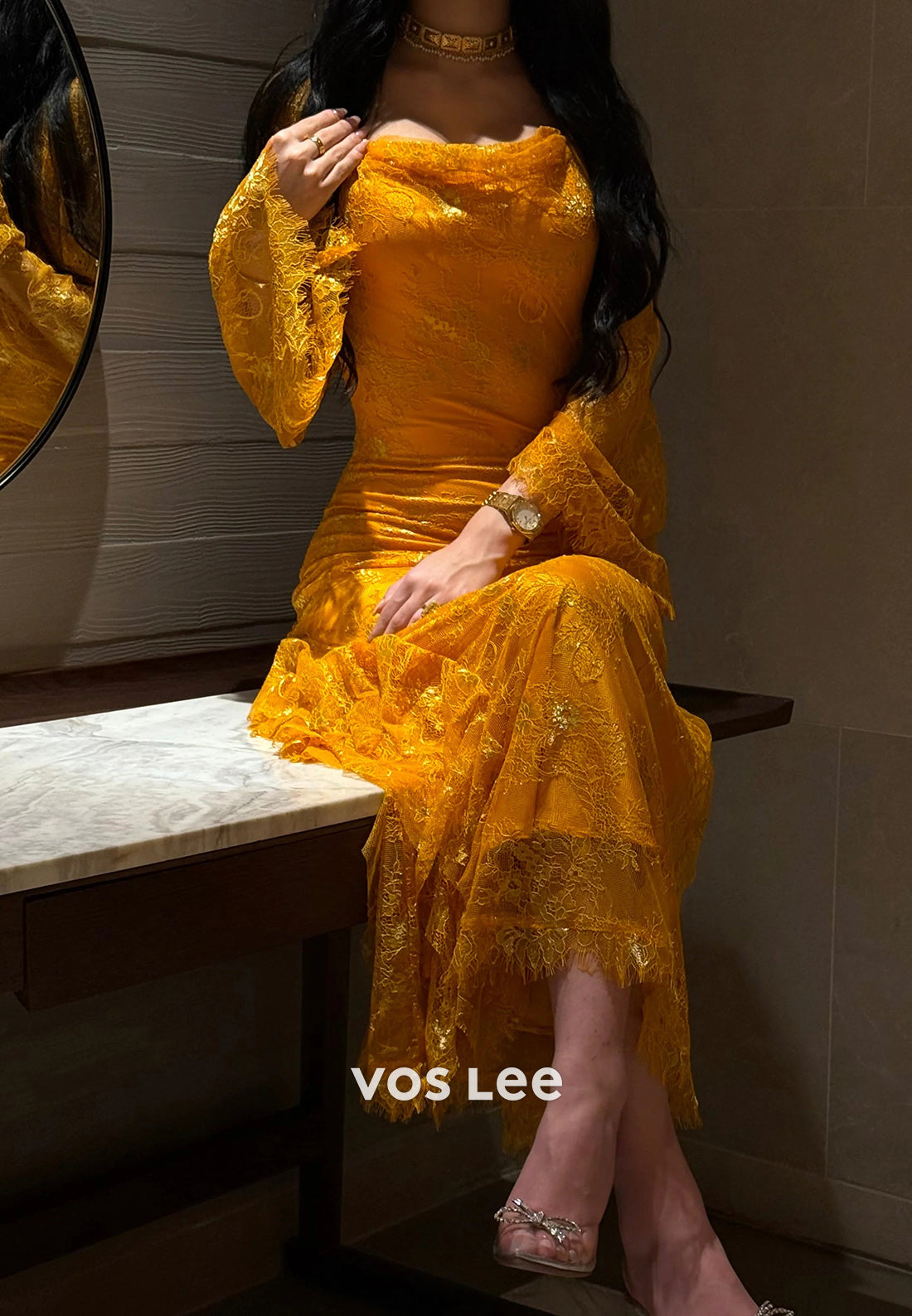 Long Sleeve Square Lace Appliques Rhinestone Ankle-Length Long Evening Dresses