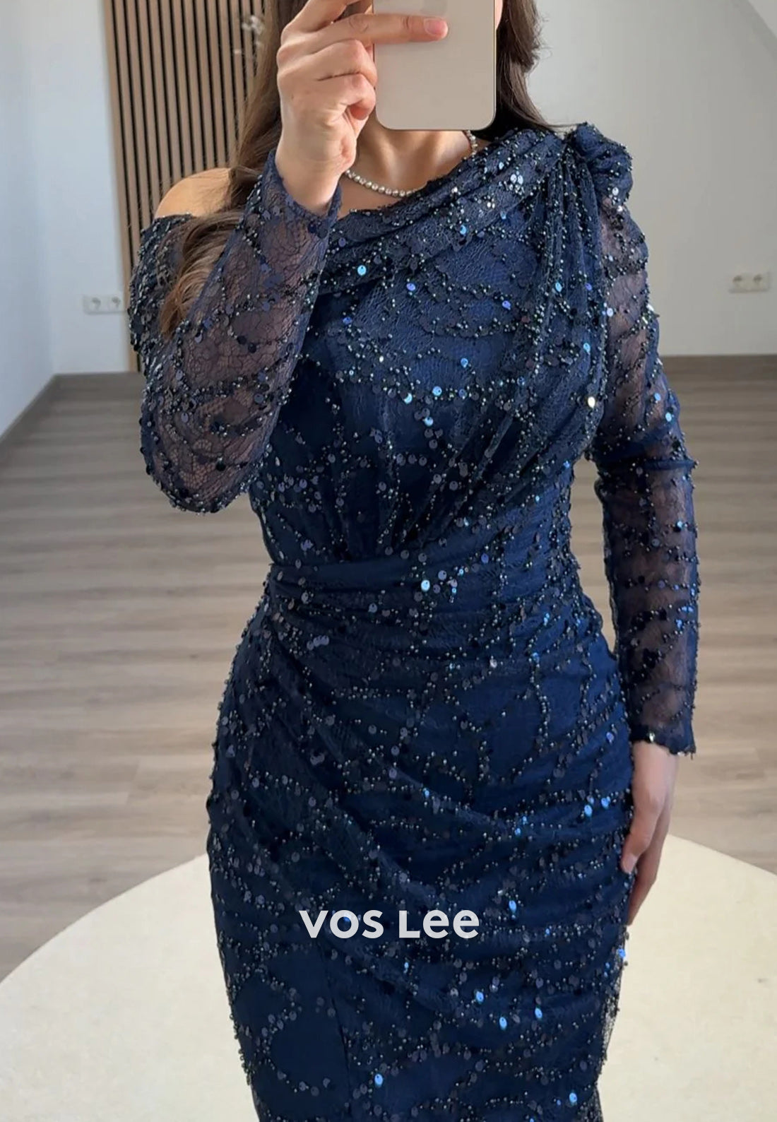 Long Sleeve Fully Beading Sequins Pleated Mermaid Evening Dresses with Side Split