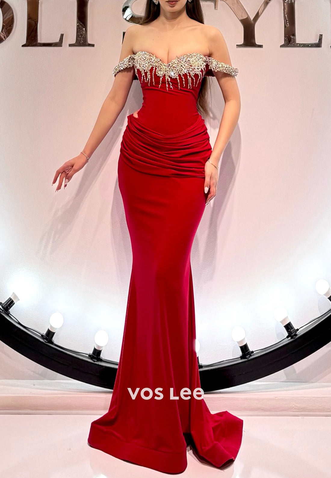 Off the Shoulder Rhinestone Embellished Floor-Length Mermaid Evening Dresses