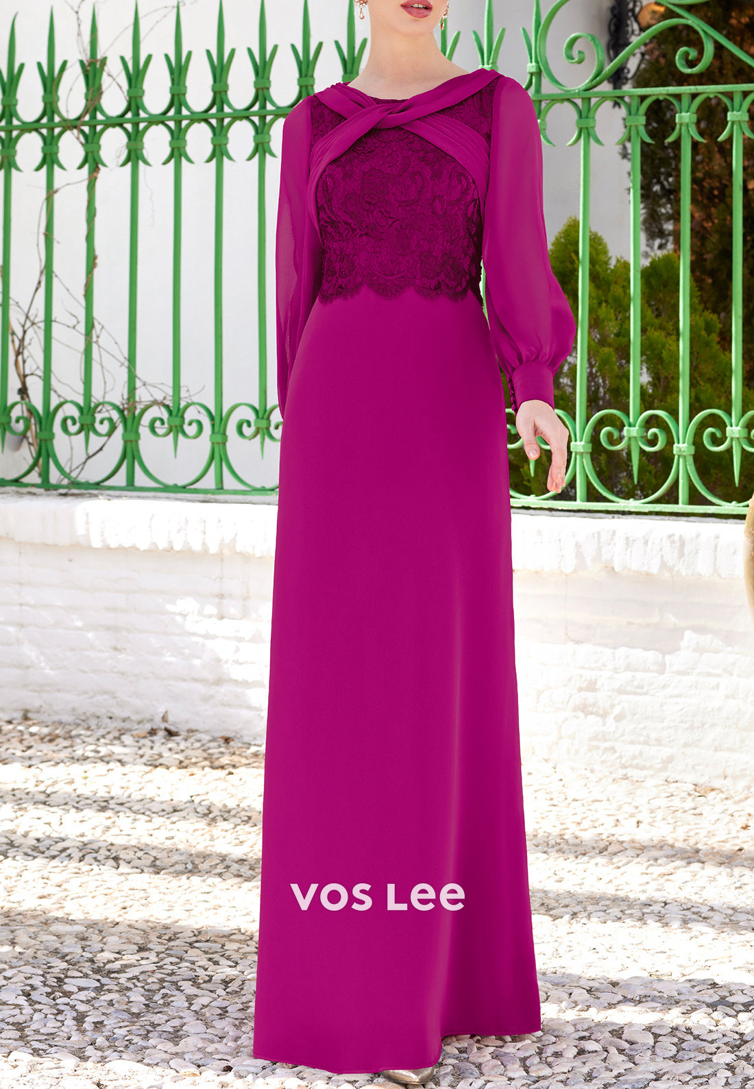 Long Sleeve A-Line Criss-Cross Straps Lace Appliqued Floor-Length Mother of Bride Dress