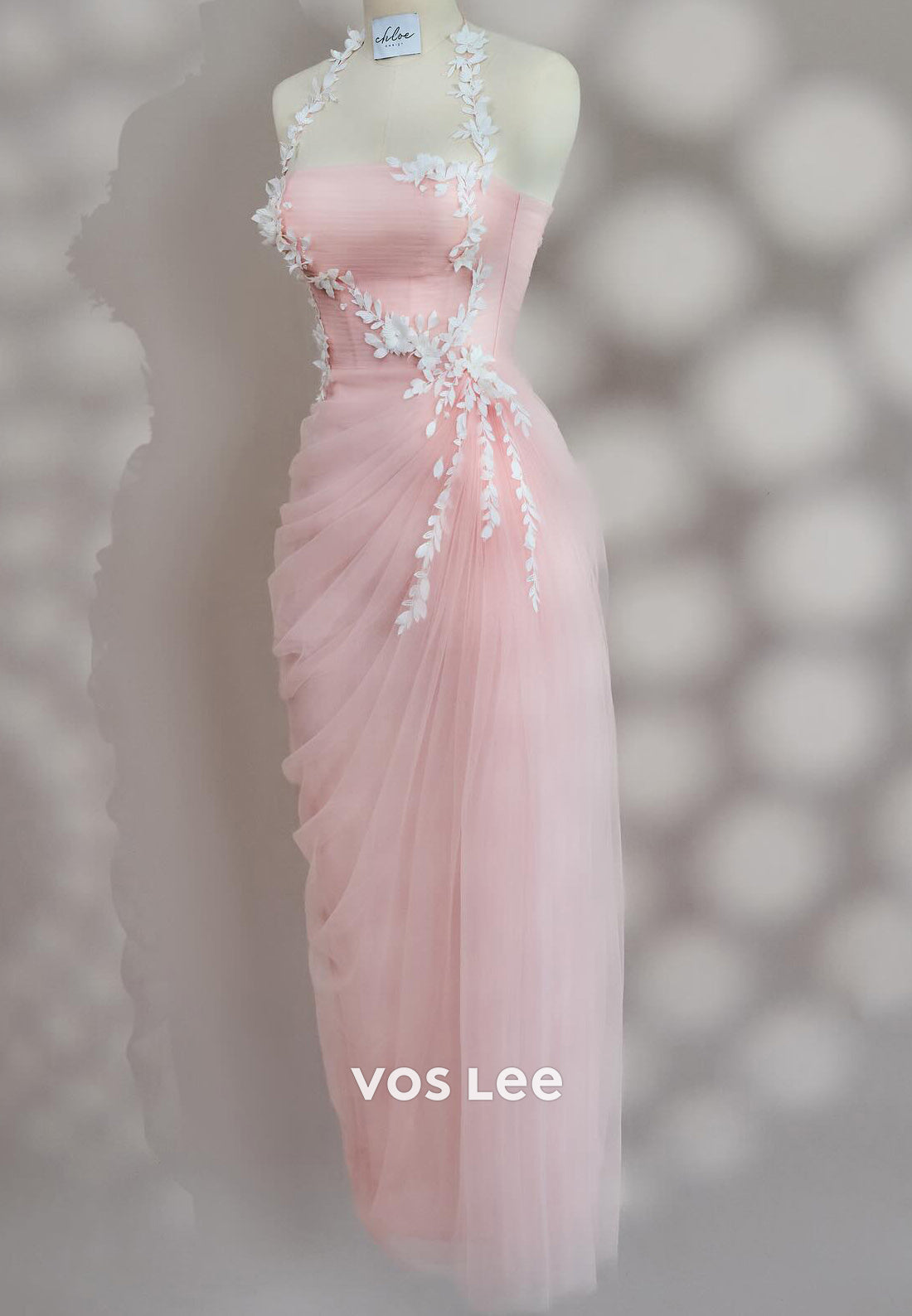 Glamorous & Dramatic Halter Pleated Floral Embossed Mermaid Tulle Party Dresses
