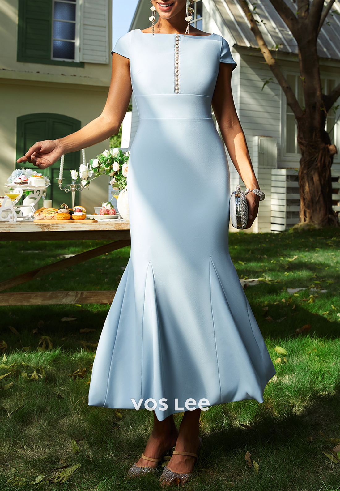 Classic Short Sleeve Scoop Ankle-Length Pearls Ruched Trumpet Wedding Guest Dresses