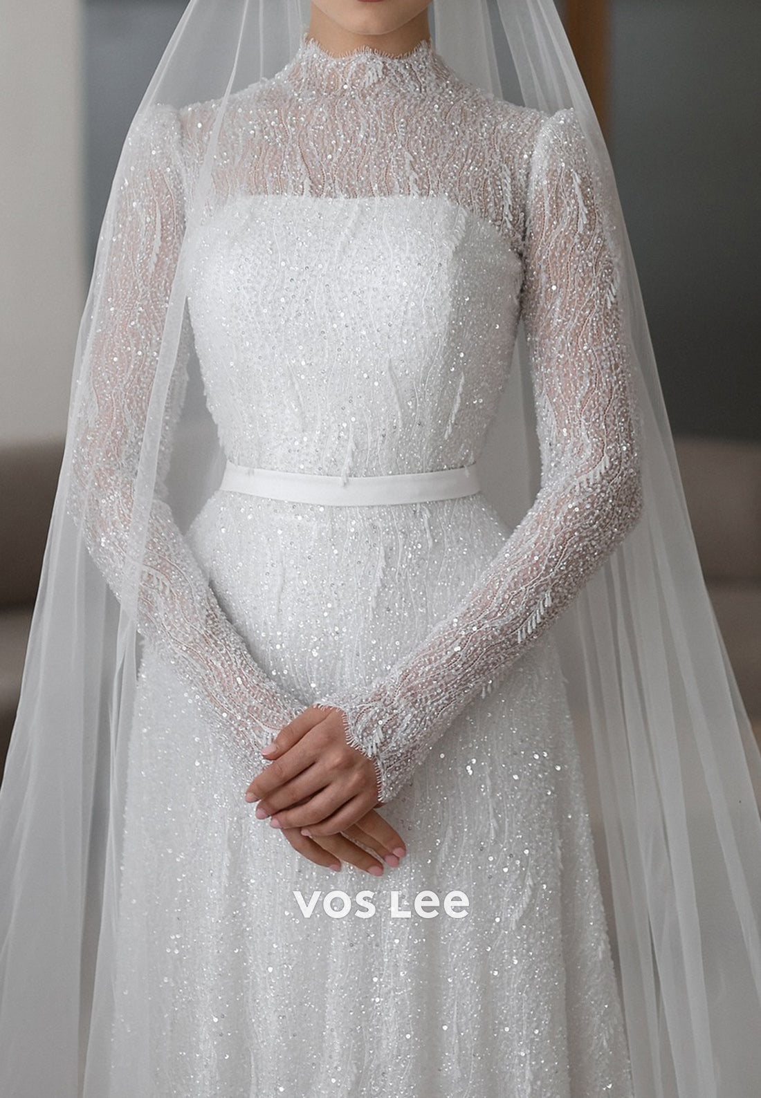 Long Sleeve Illusion Neck High Neck Appliques Sequins Sheath Wedding Dresses