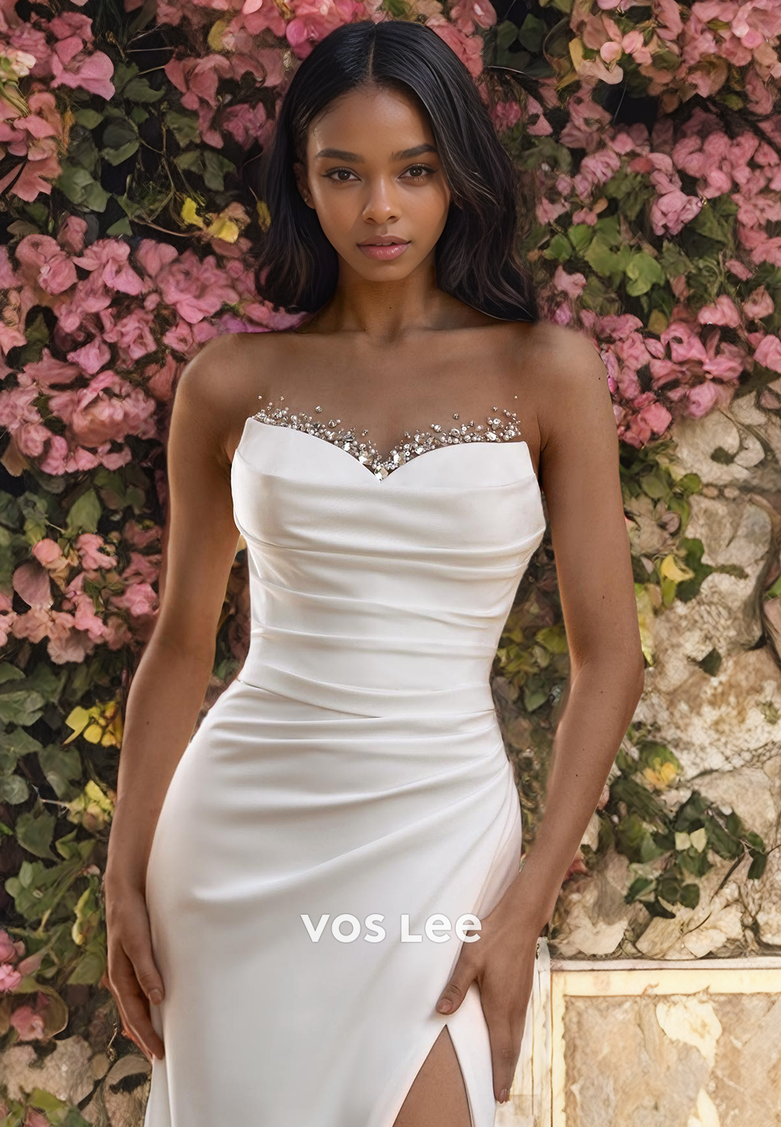 A-Line V-Neck Beaded Satin Wedding Dress with High Slit