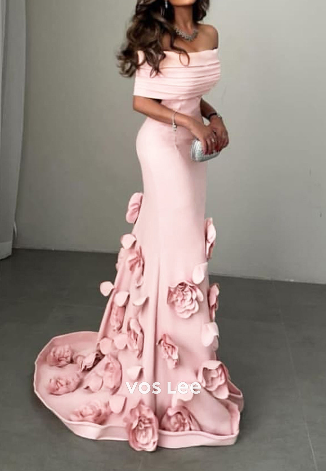 Off the Shoulder Flowers Embossed Mermaid Evening Dresses with Court Train