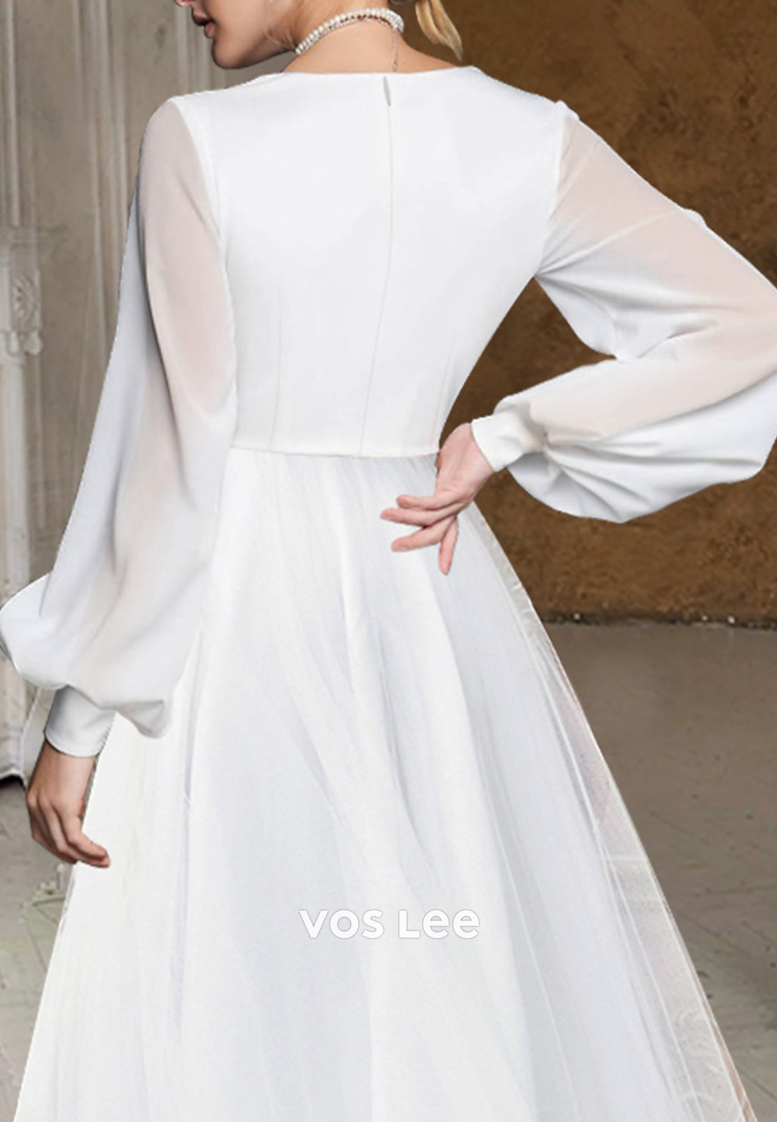 Couture & Ornate High Low A-Line Long Sleeve V Neck Pleated Wedding Dresses