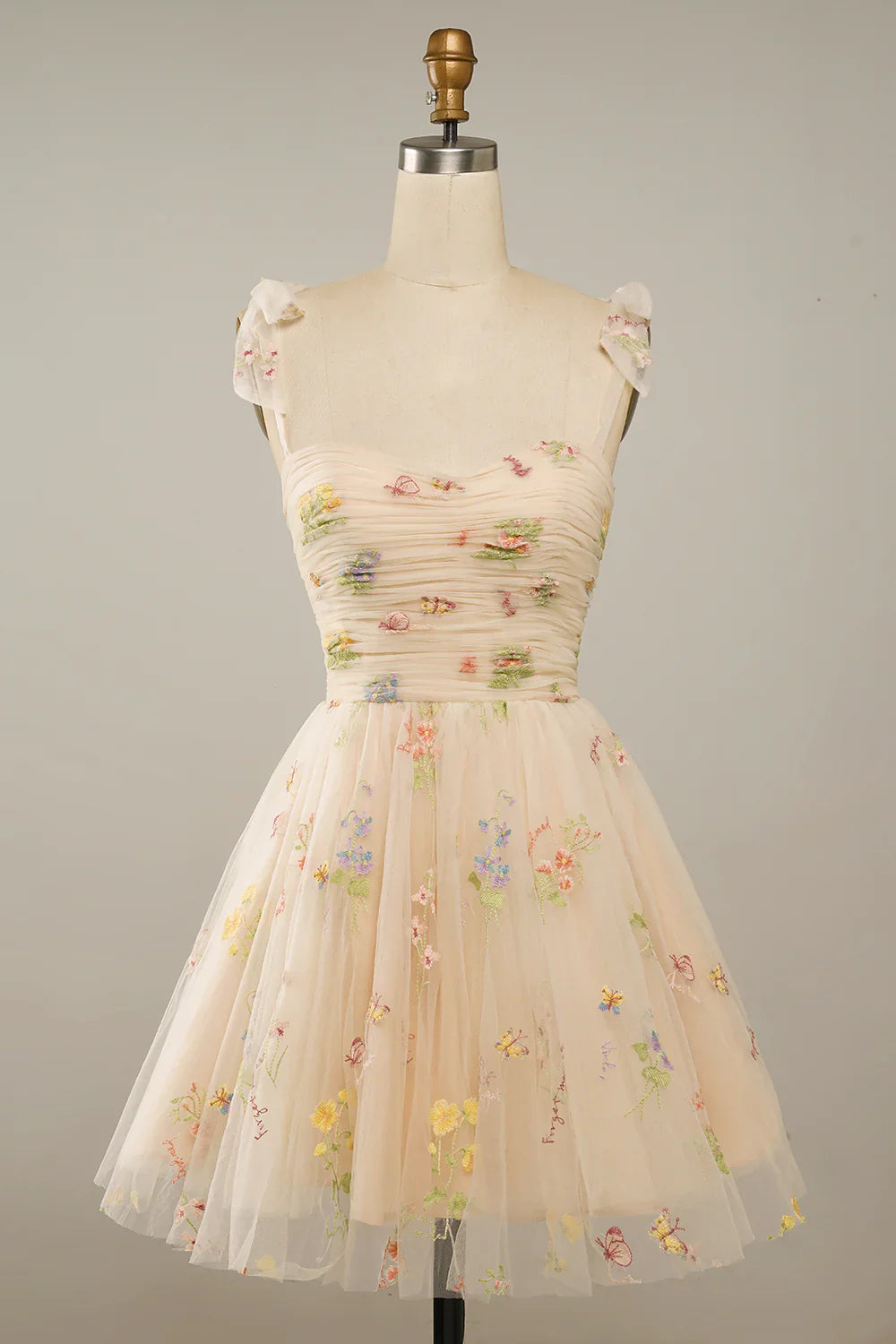 A Line Spaghetti Straps Champagne Short Homecoming Dress with Embroidery