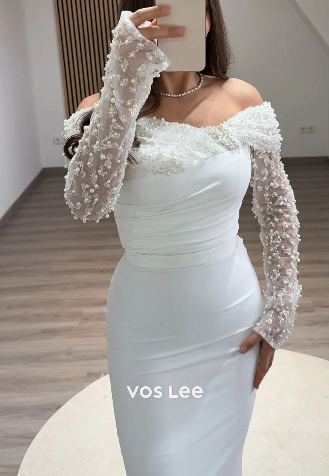 Long Sleevees Off the Shoulder Pearls Pleated Mermaid Evening Dresses with Slit