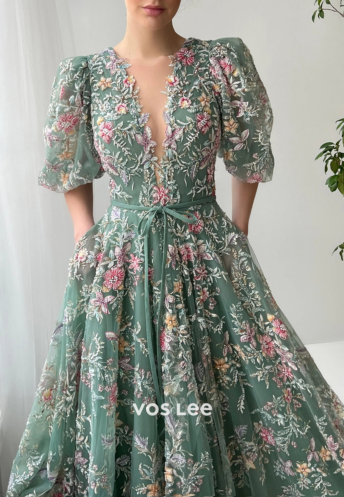 A-Line Short Sleeve V Neck Appliques Lace Floor-Length Prom Dresses