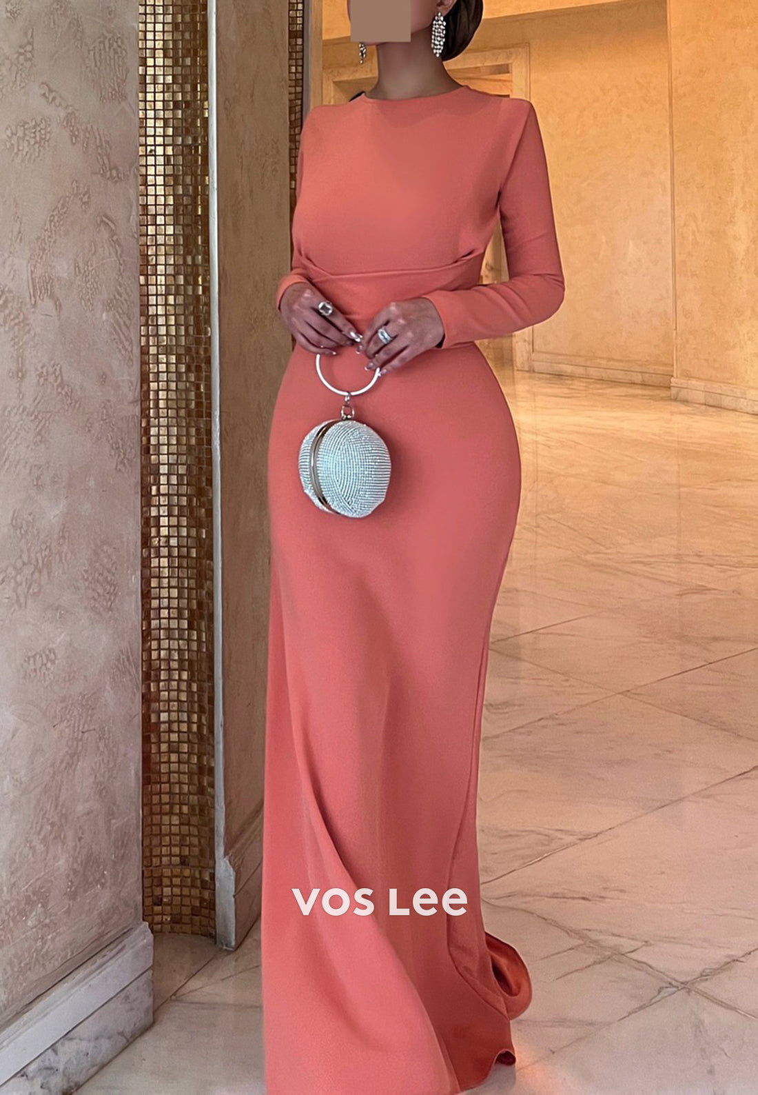 Long Sleeve Scoop Pleated Mermaid Evening Dresses with Sweep Train