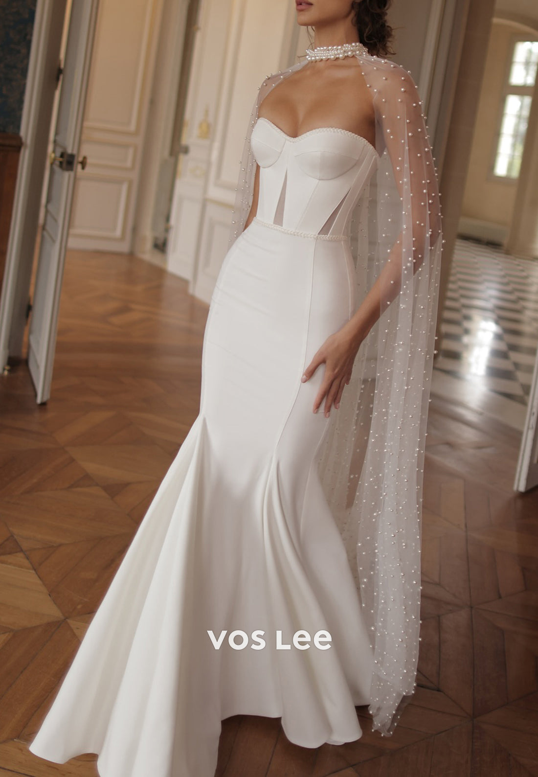 Simple & Casual Strapless Sweetheart Pearls Trumpet Wedding Dresses with Sweep Train