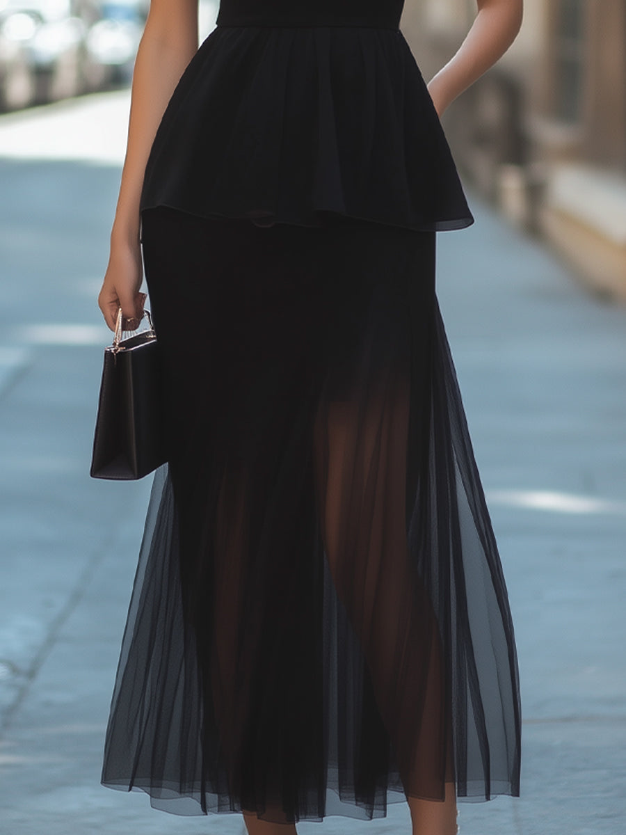 Strapless Black Peplum Mesh Midi Dress Wedding Guest Dresses