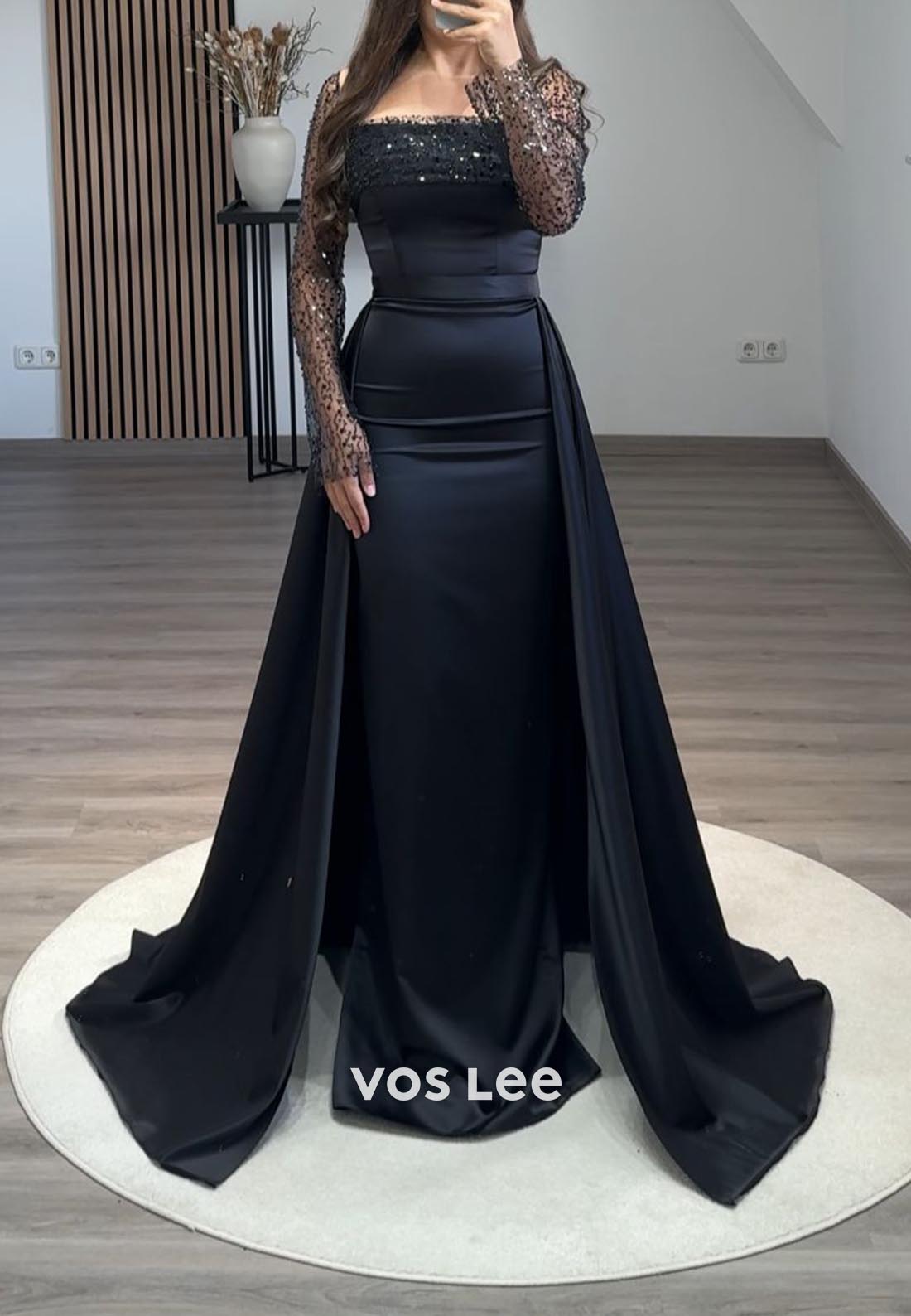 Long Sleeves Sequined Mermaid Formal Dresses with Detachable Train
