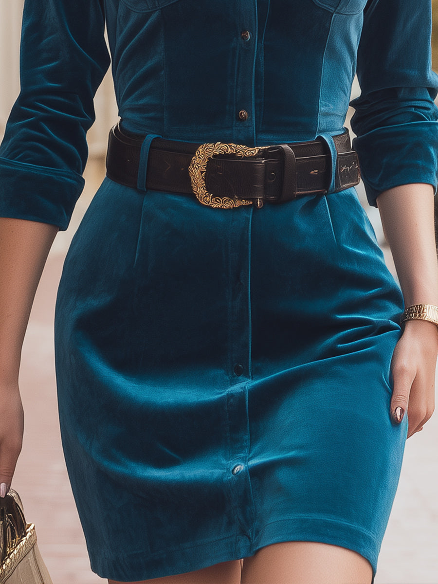 Luxe Teal Velvet Belted Shirt Dress