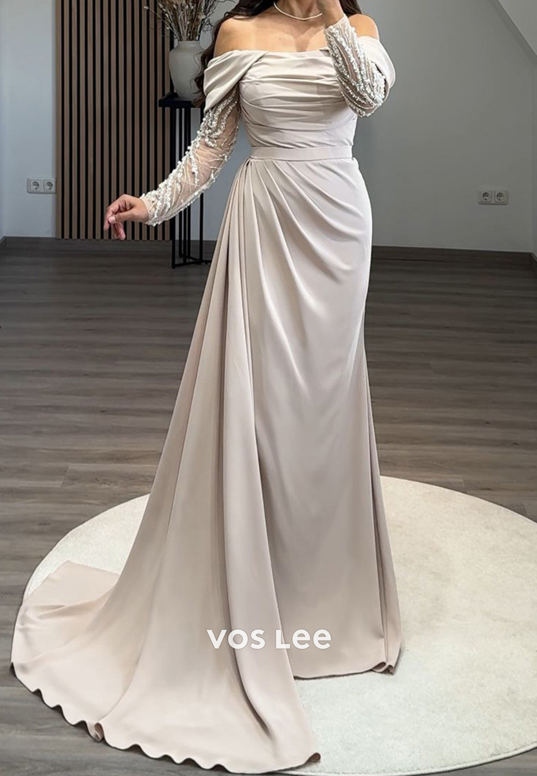 Formal Beaded Off Shoulder Sleeves with Train Sheath Evening Party Dress