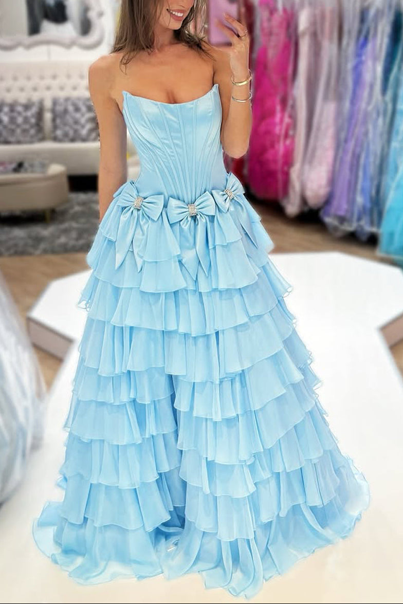 A Line Scoop Neck Light BlueTiered Chiffon Prom Dress with Bow