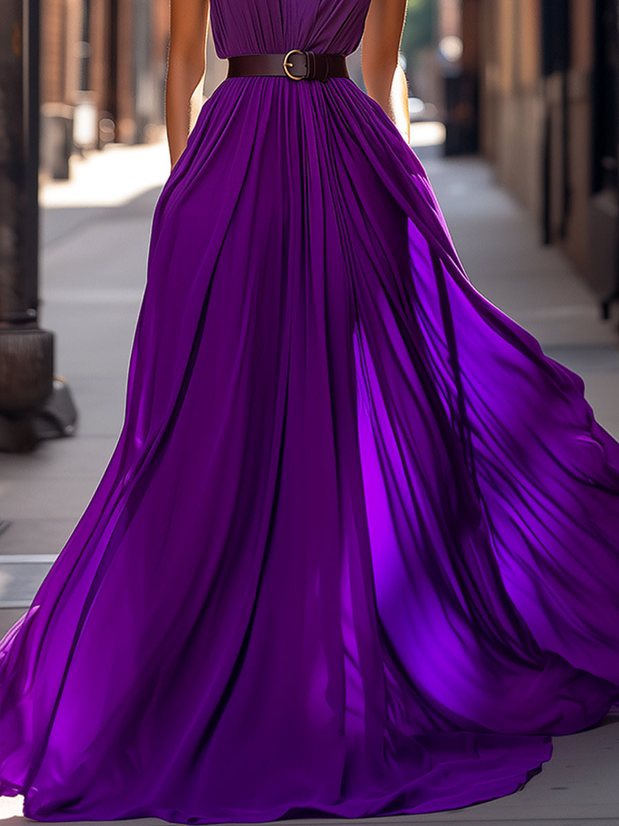 Vibrant Purple Belted V-Neck Pleated Maxi Dress Wedding Guest Dresses