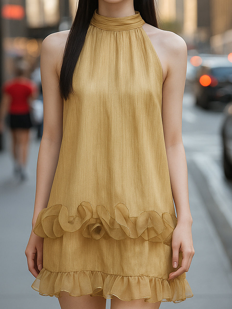Golden Ruffle Halter Mini Dress