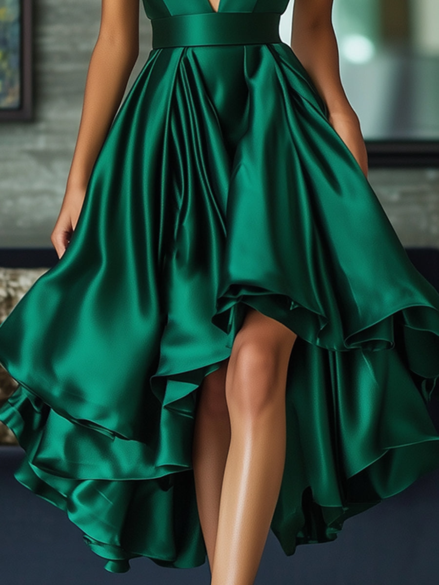 Emerald Satin High-Low Ruffle Dress With Deep Plunge Neckline Wedding Guest Dresses