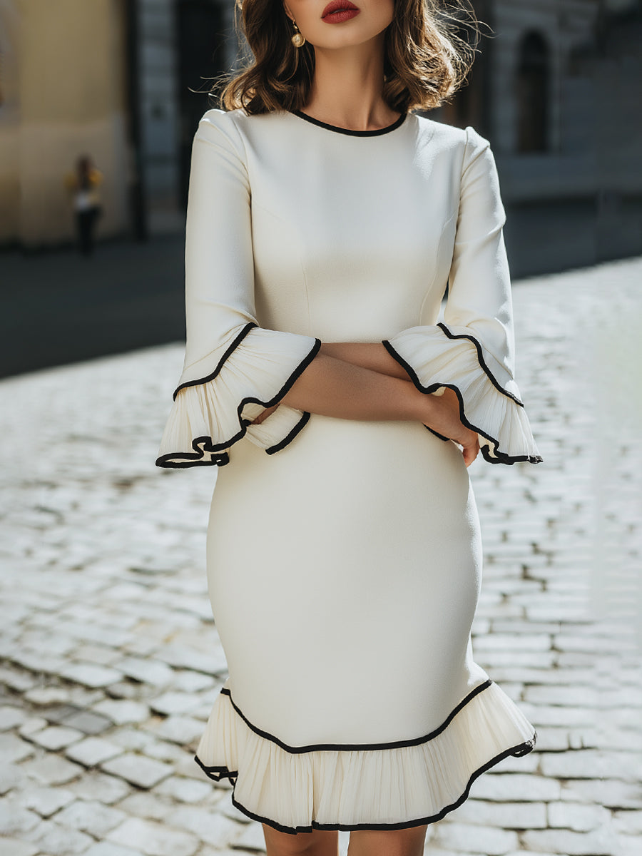 Ivory Ruffle-Trim Dress With Black Piping