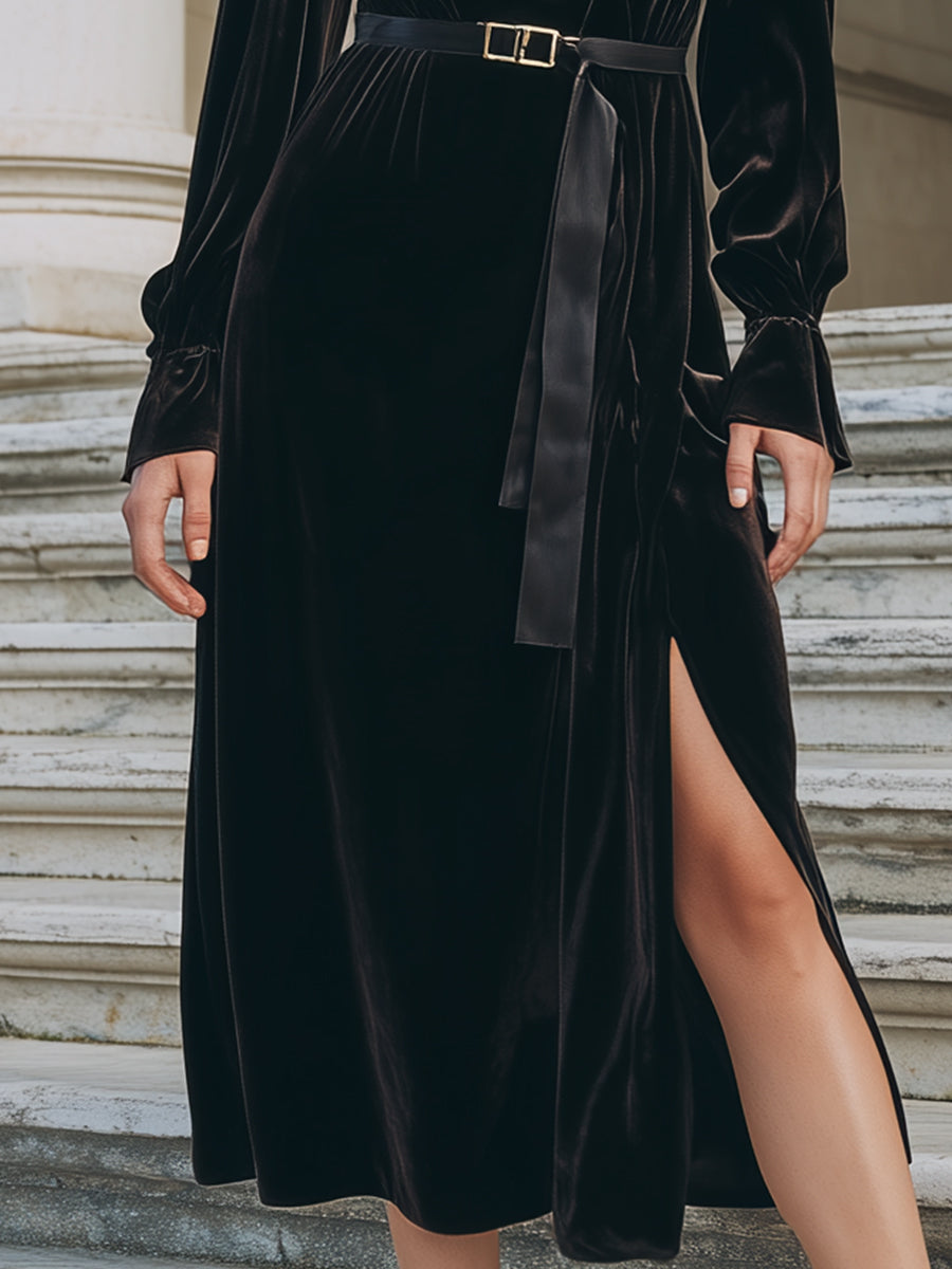Black Velvet Wrap Dress With Belt