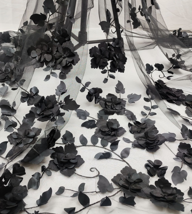 Black Stretch Knit Dress With 3D Floral Embroidered Mesh Overskirt