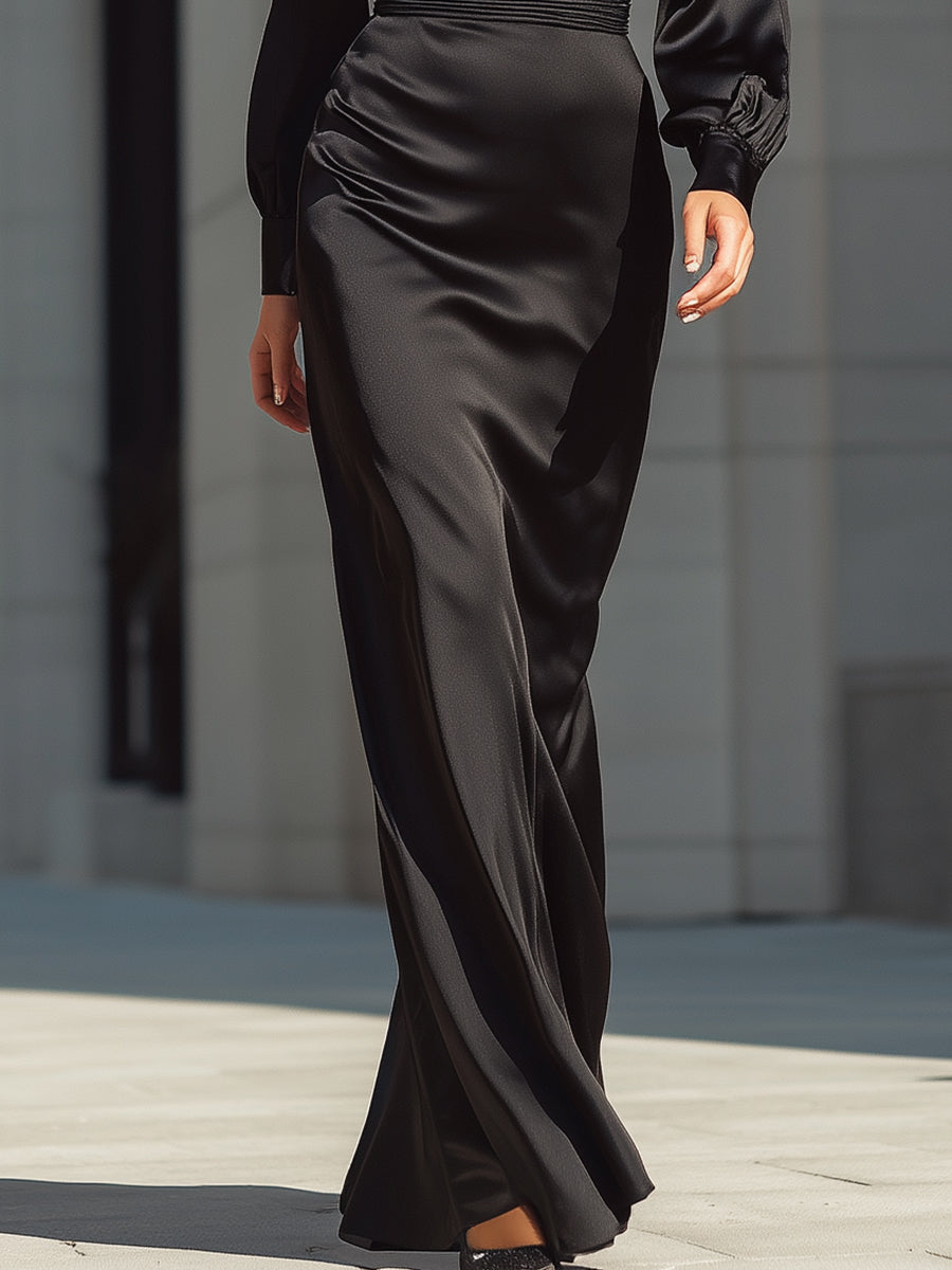 Black Satin High-Neck Long Evening Dress