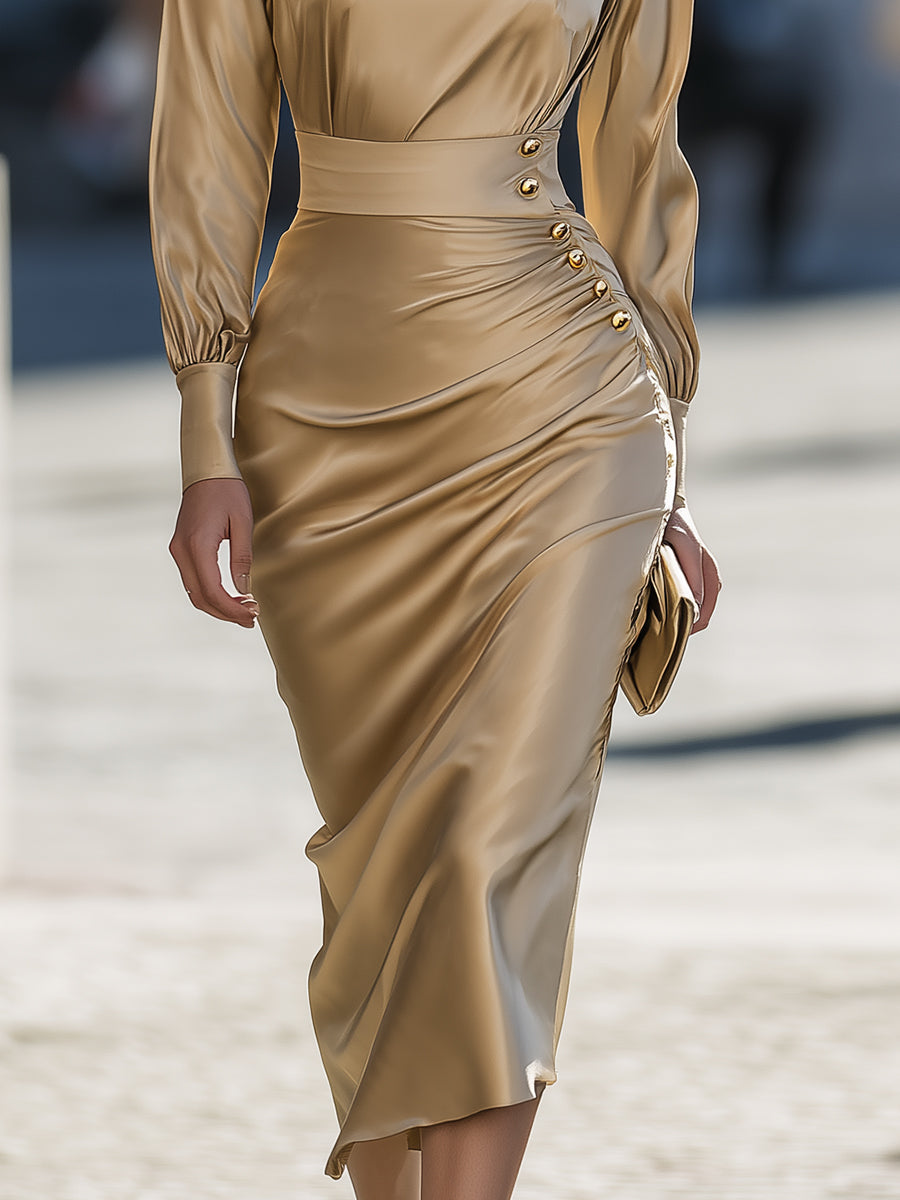 Champagne Satin Draped Midi Dress
