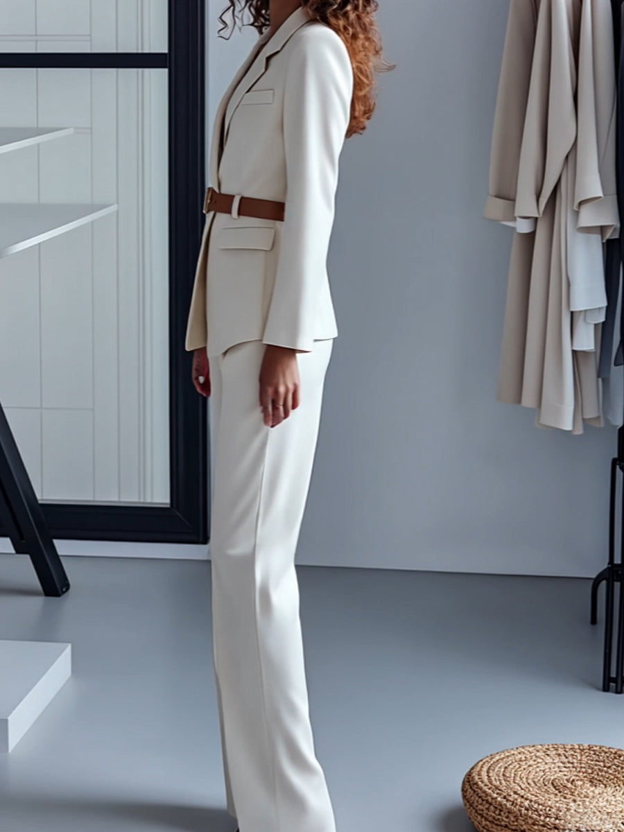 White Belted Blazer and Trousers Ensemble