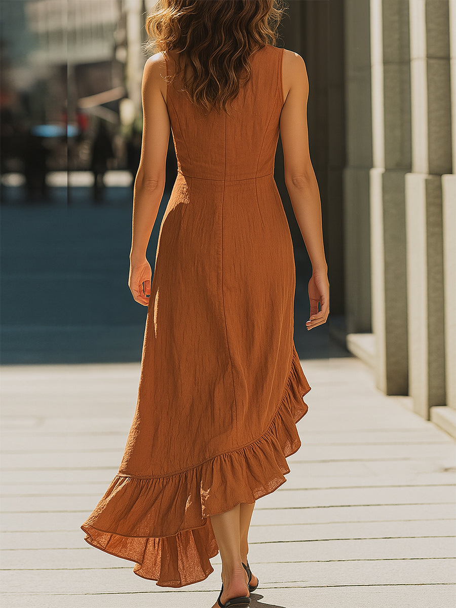 Rust Ruffle-Trimmed Cotton Linen Maxi Dress