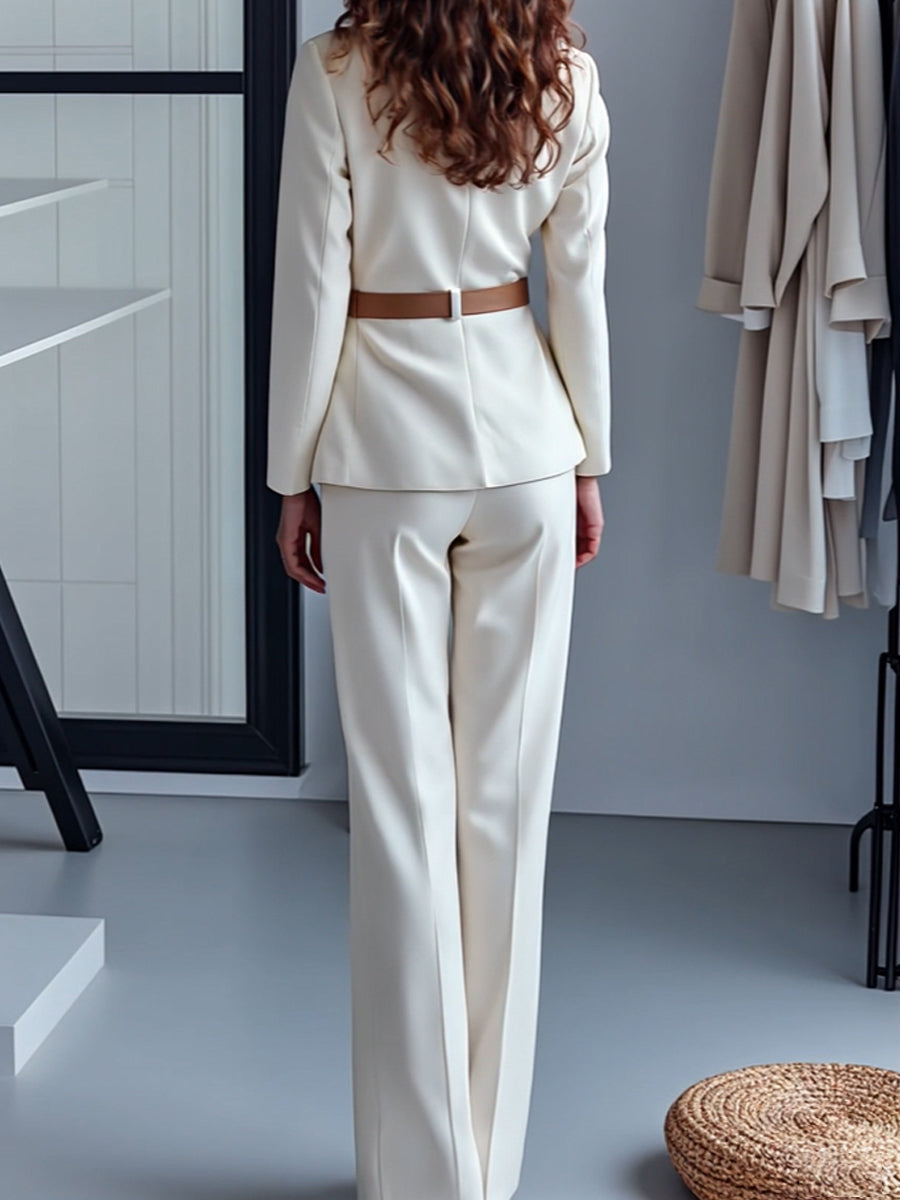 White Belted Blazer and Trousers Ensemble
