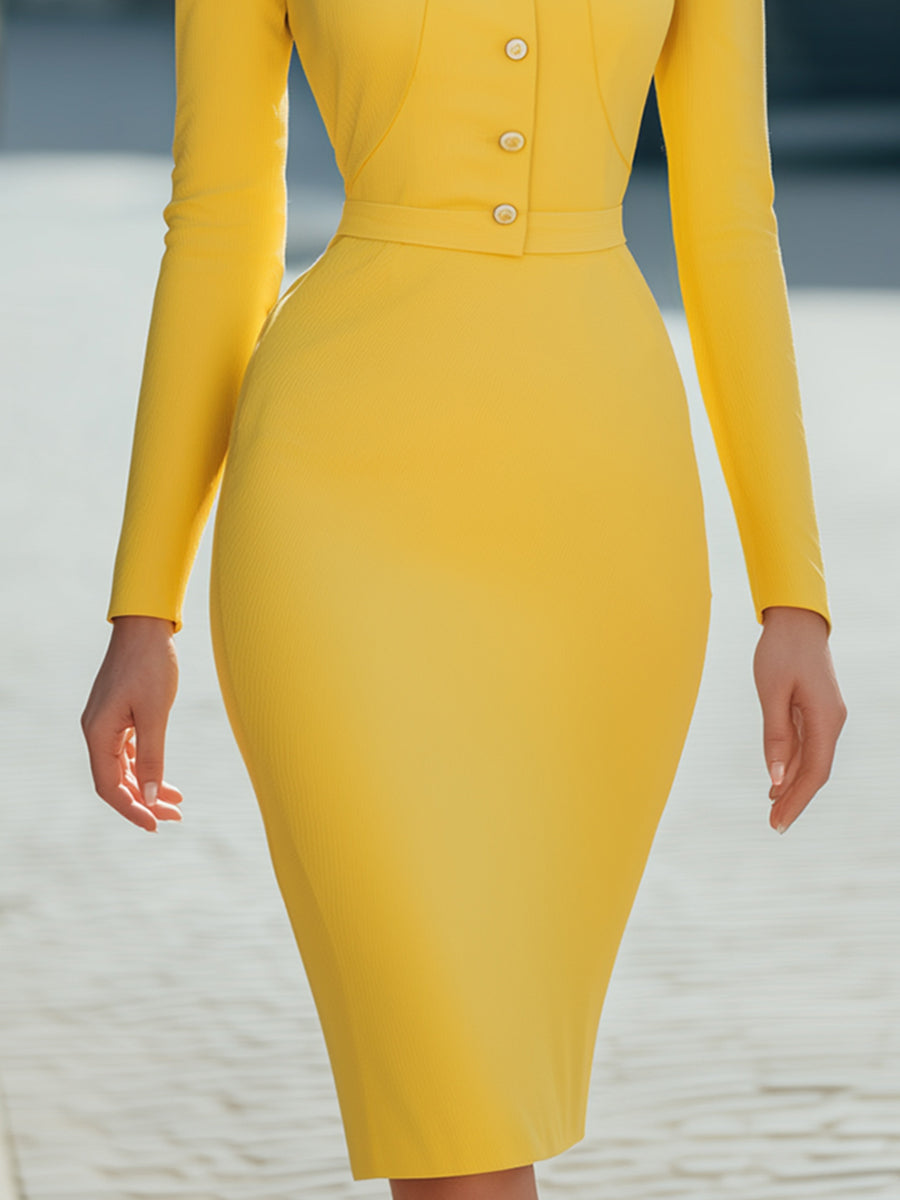 Stylish Button-Front Square Neck Bodycon Midi Dress