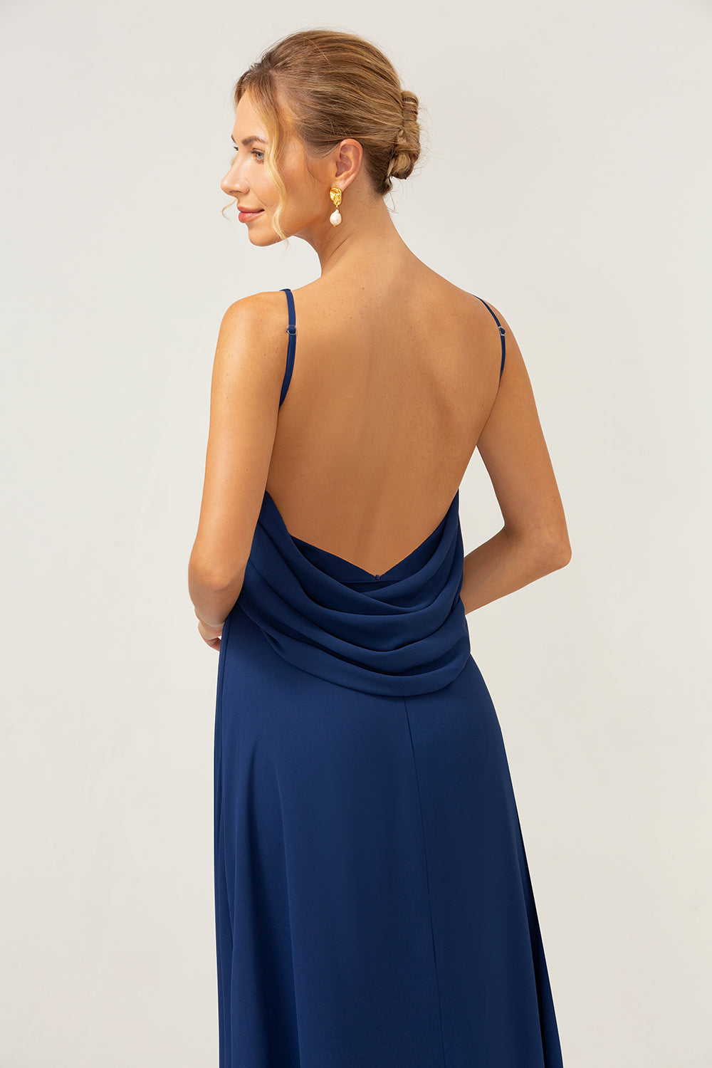 Mermaid Backless Long Chiffon Navy Bridesmaid Dress with Sleeveless