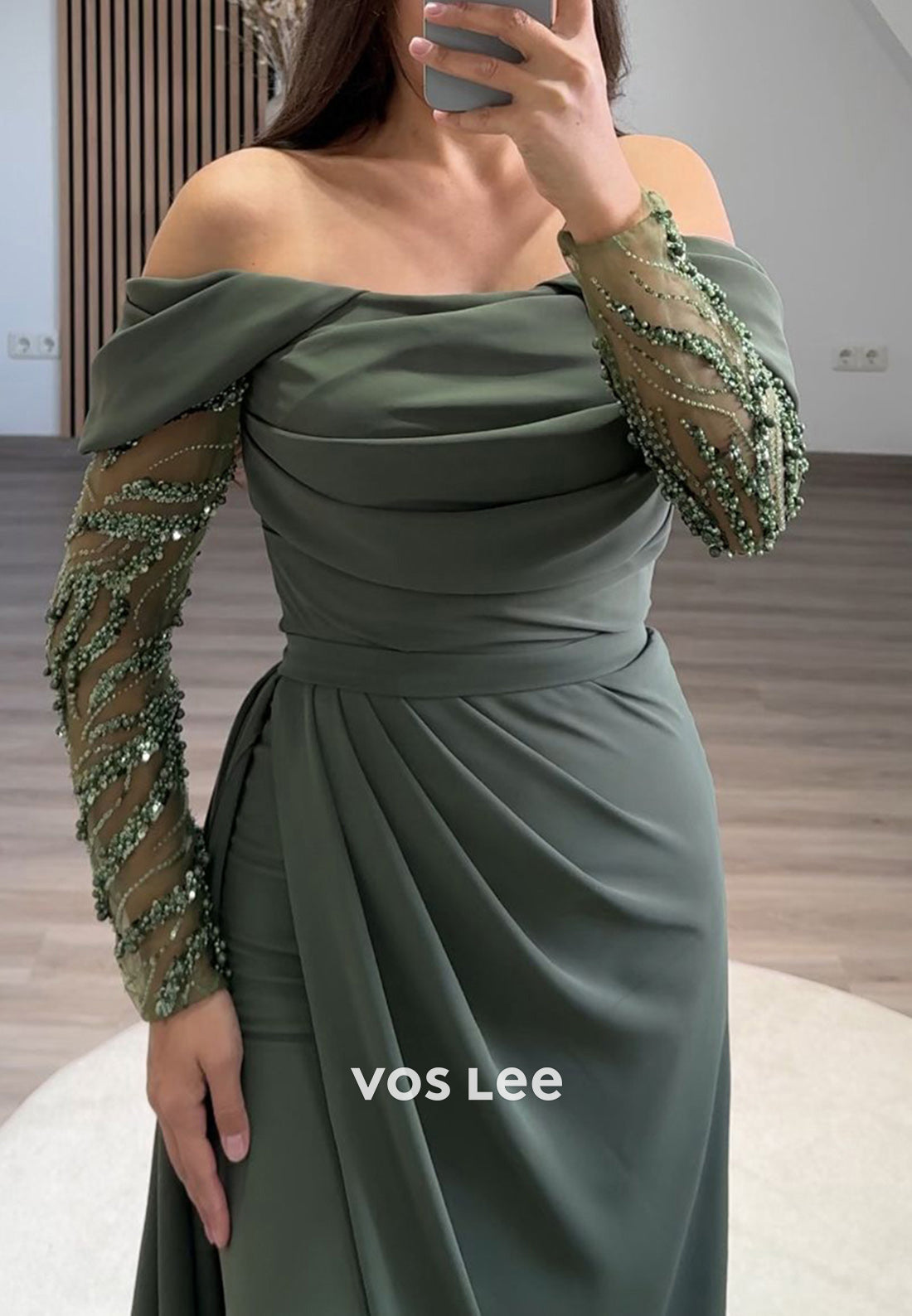 Formal Beaded Off Shoulder Sleeves with Train Sheath Evening Party Dress