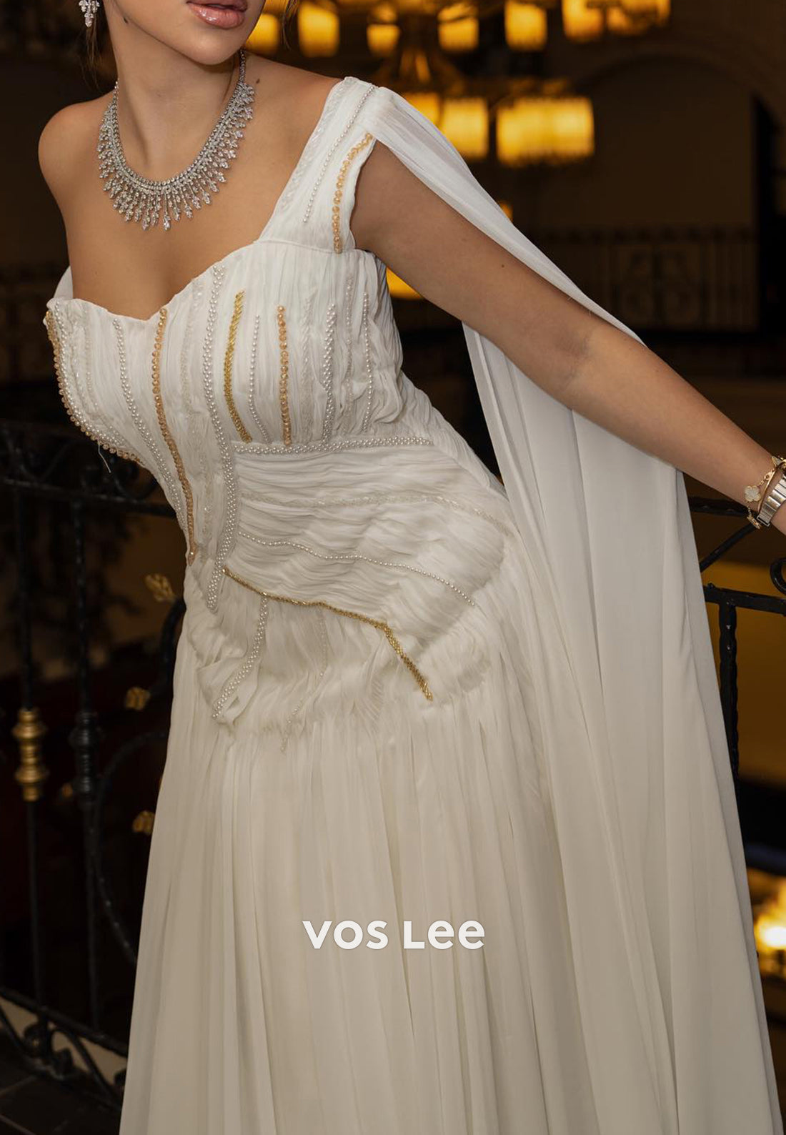 A-Line Sweetheart Beaded Pearl Embellished Evening Dresses with Sweep Train