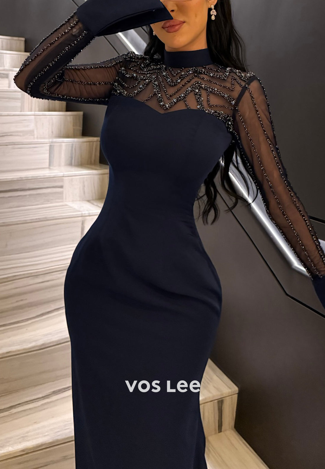 Long Sleeve Illusion Neck Beaded Embellished Mermaid Evening Dresses with Sweep Train