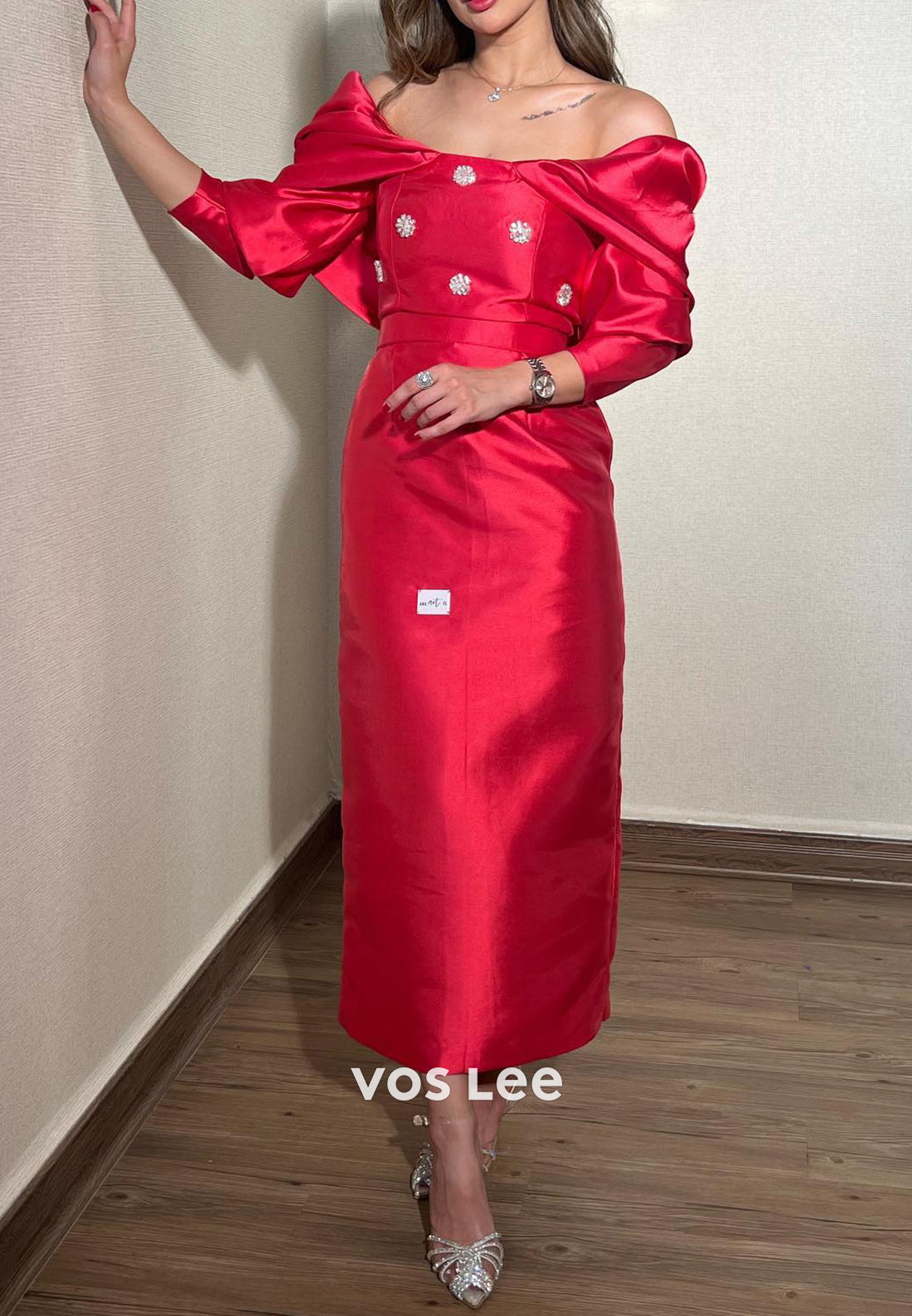 Red 3/4 Sleeve Off the Shoulder Rhinestone Embellished Ankle-Length Evening Dresses