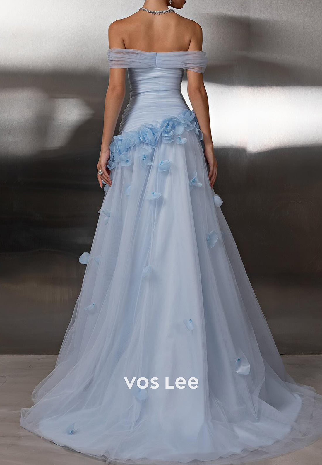 A-Line Off the Shoulder Tulle Appliques Pleated Prom Dresses with Sweep Train