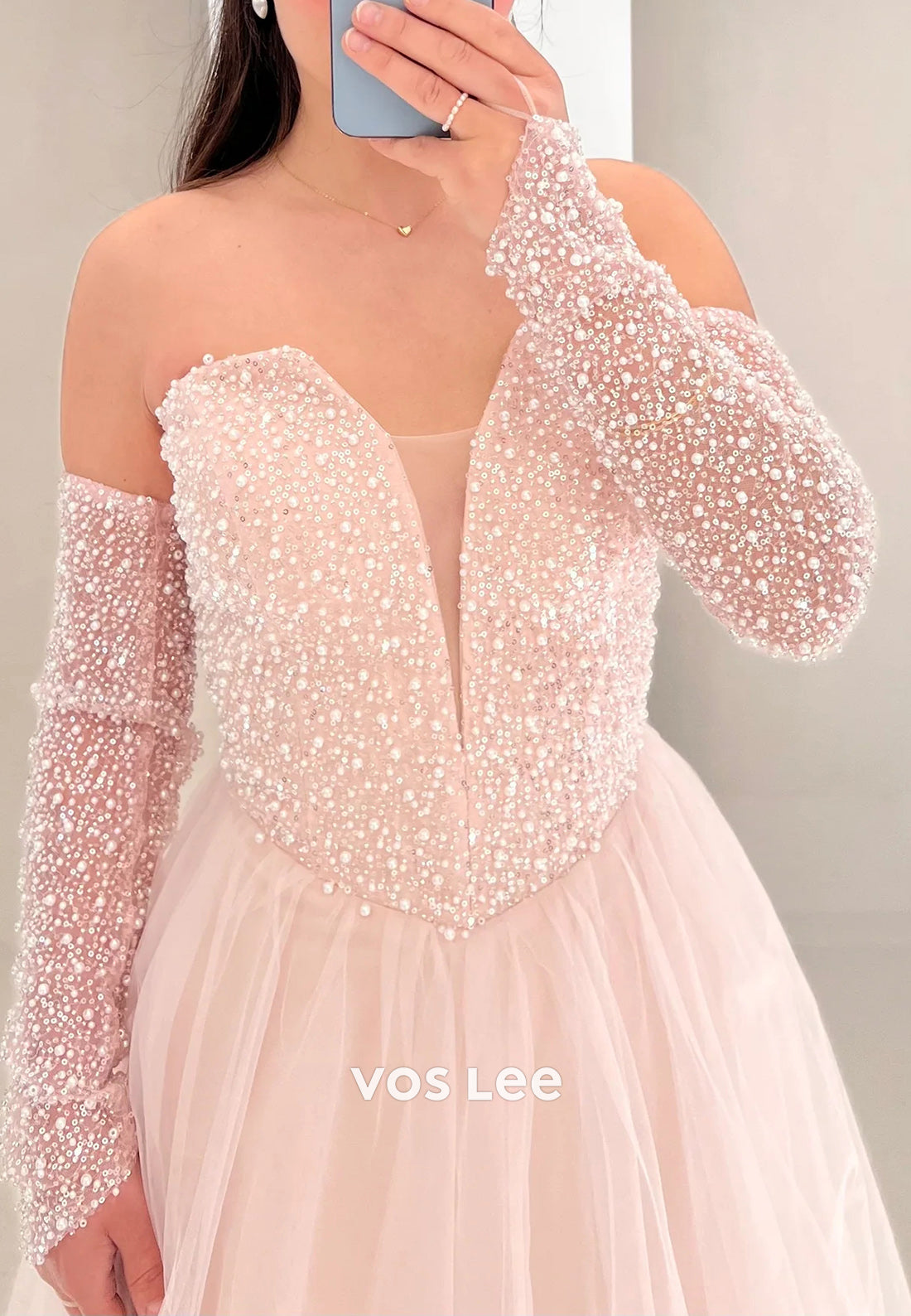 A-Line Long Sleeve Sweetheart Beading Pearls Pleated Prom Dresses with Sweep Train